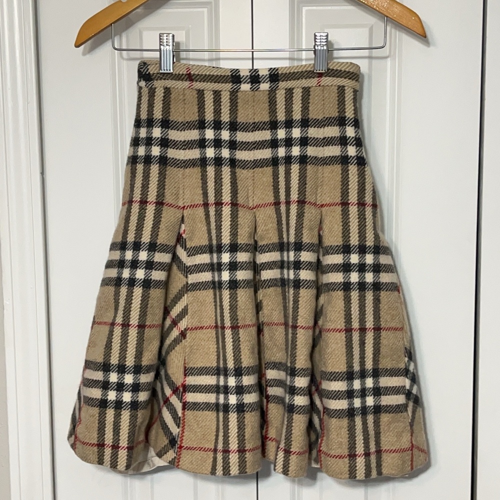 Burberry London Skirt Womens 2 Beige Nova Check Plaid Wool Pleated Mini Scotland